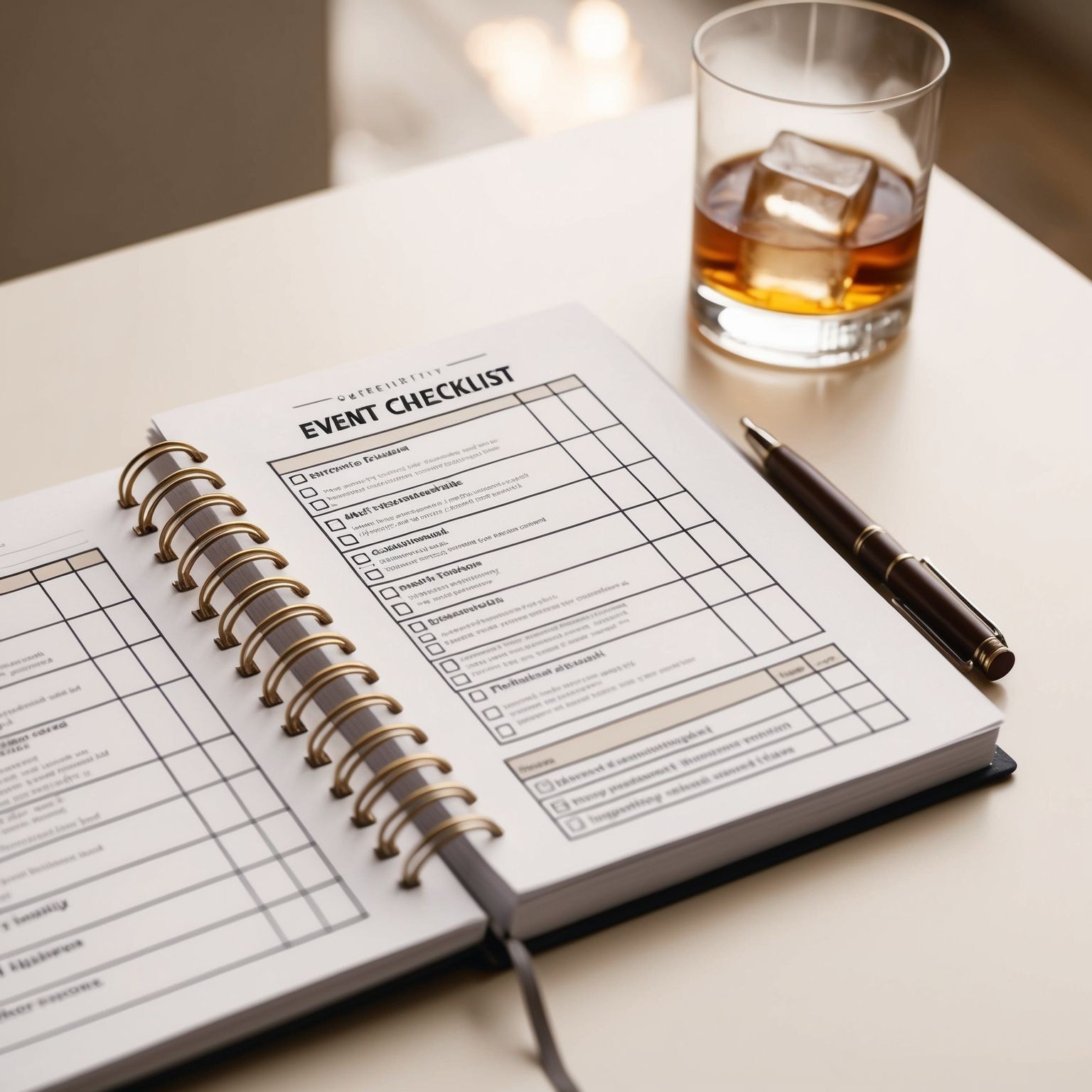 Open planner with event checklist, pen, and a glass of whiskey on a desk.