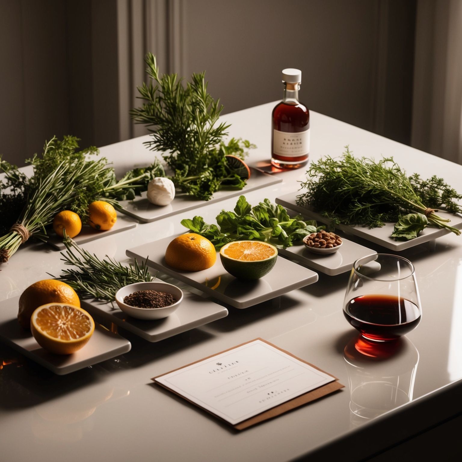 Table with herbs, citrus fruits, seeds, a bottle, and a glass of red wine.