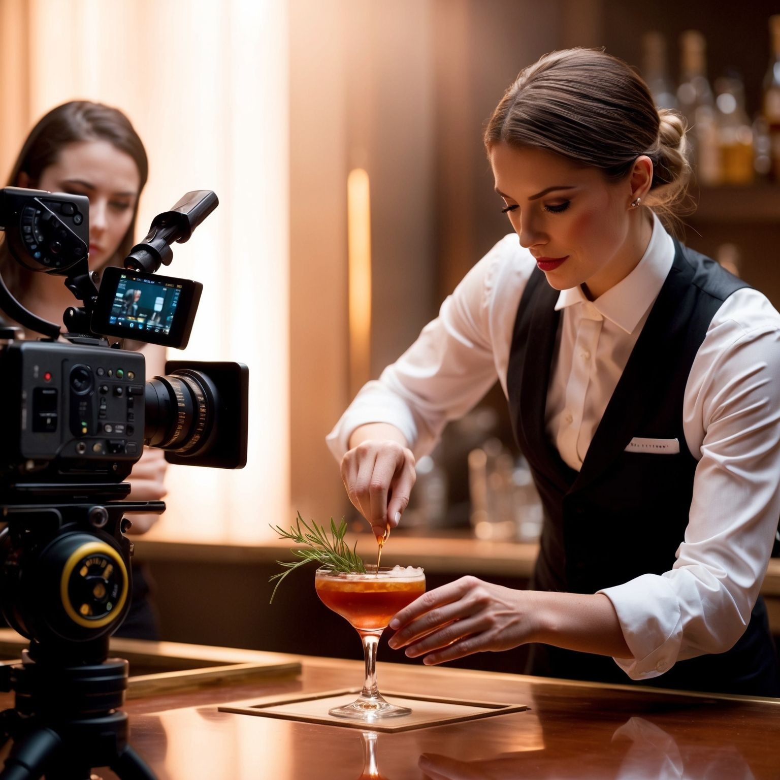 Bartender garnishes a cocktail while being filmed in a bar setting.