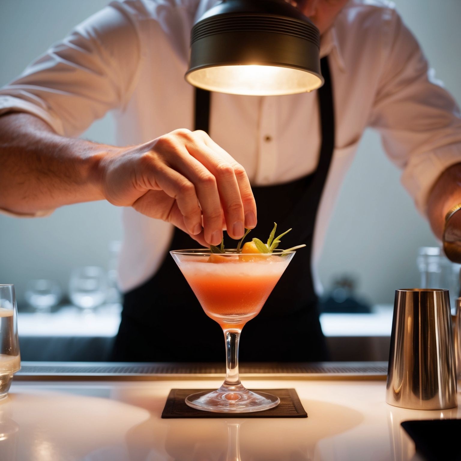 Bartender garnishing a pink cocktail in a martini glass under warm light.