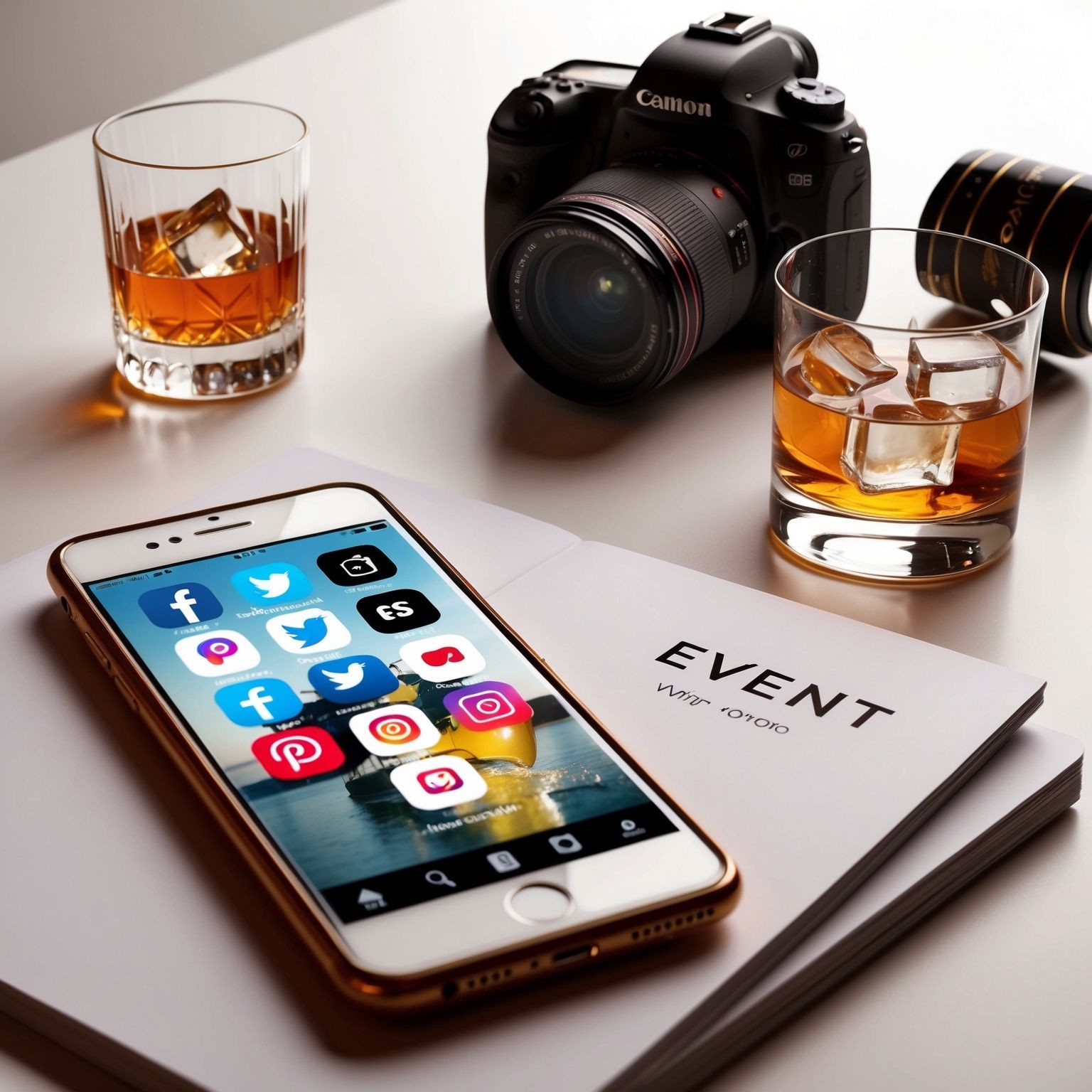 Smartphone with social media apps, camera, and whiskey glasses on a table.